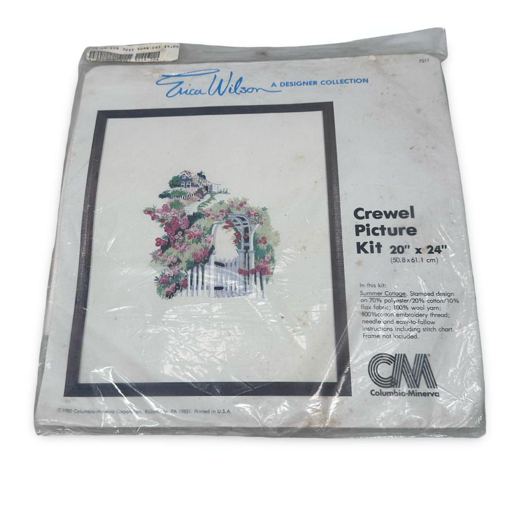 Vintage Columbia Minerva Erica Wilson 7211 Crewel Picture Kit Needlework 20 X 24